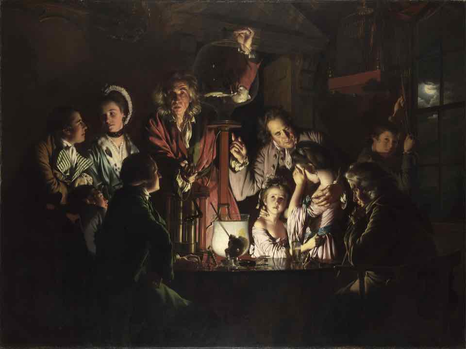 Painting: by candlelight a family watches a scientist demonstrate a machine; a father comforts his two frightened daughters.