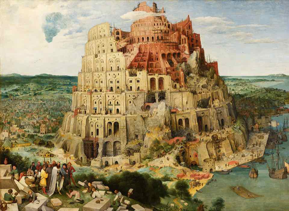Painting of an enormous, unfinished tower spiralling into the clouds above a harbour town.