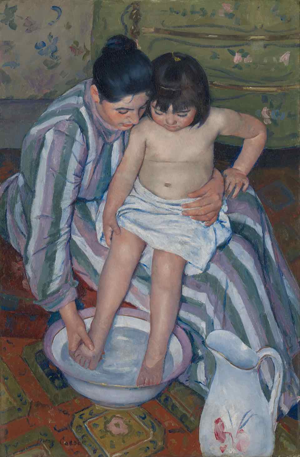 Painting of a woman holding a small child on her lap and washing the child's feet in a basin.