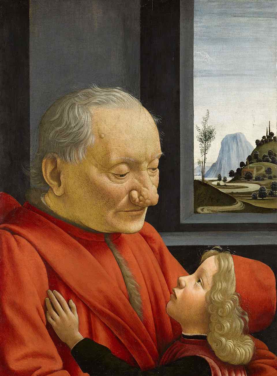 Painting: an old man in a red robe looks down at a small boy in a red cap who reaches up and looks into his face.