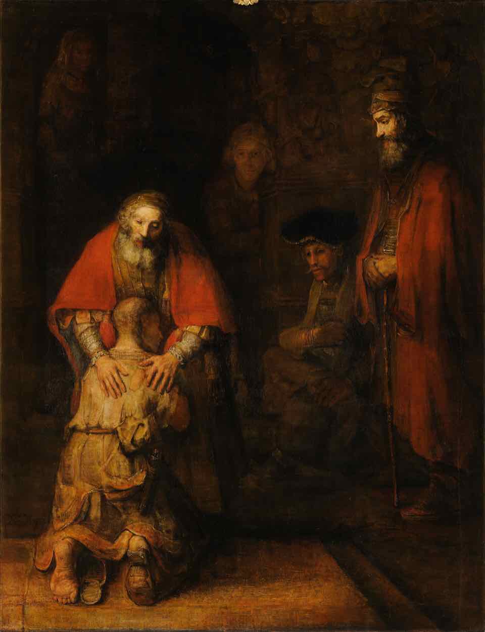 Painting: an old man in a red cloak bends over a kneeling young man in rags and lays both hands on his back.