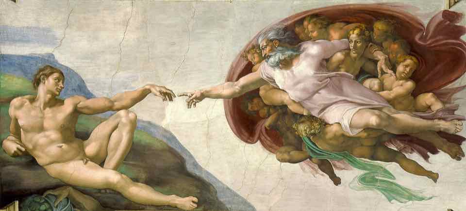 Ceiling fresco: the outstretched hand of God almost touching Adam's hand.