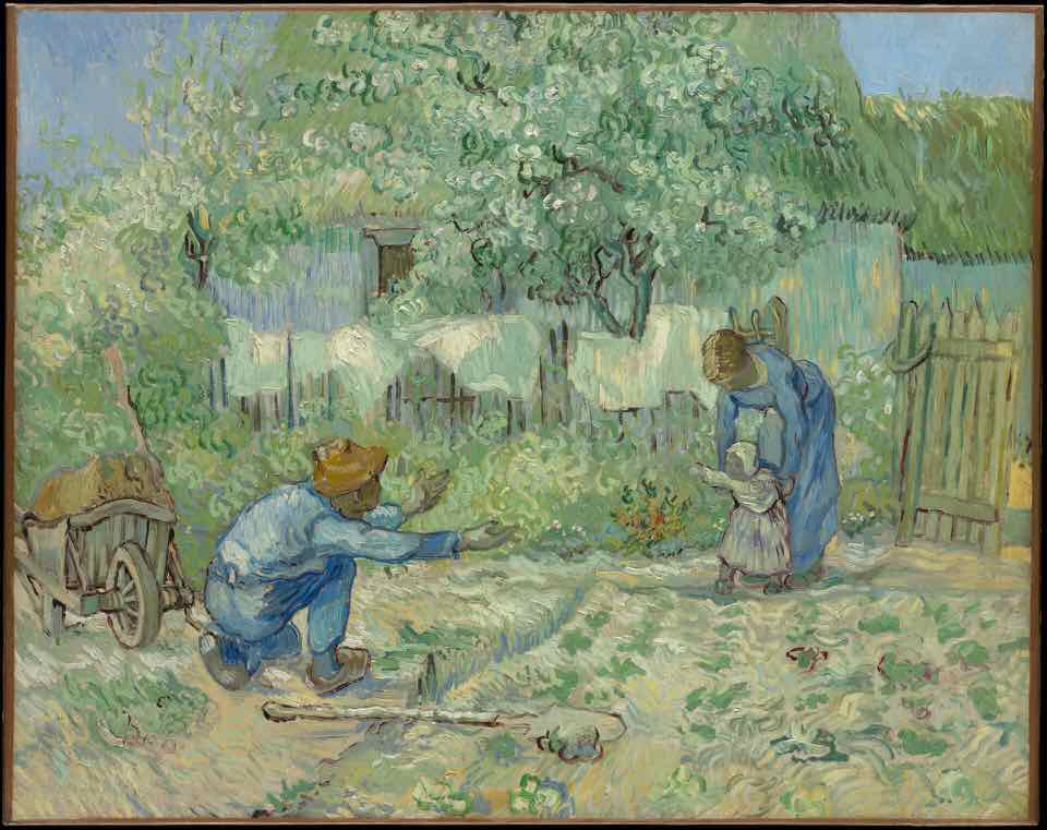 Painting: in a cottage garden, a father kneels with open arms while a mother holds a toddler who takes a first step toward him.