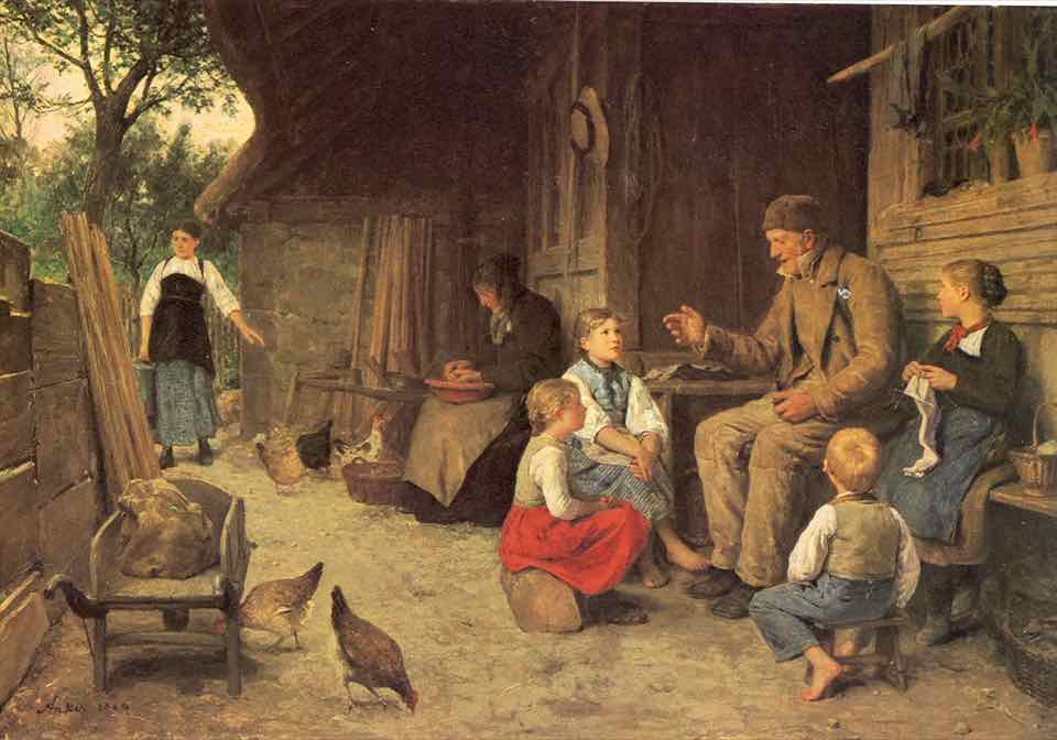 Painting: in a farmhouse room, an old man sits on a bench by the stove and tells a story to a group of listening children.